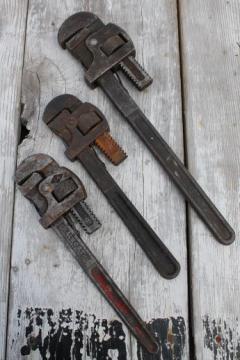 catalog photo of lot of antique & vintage pipe wrenches, Trimont tool, Stillson wrench