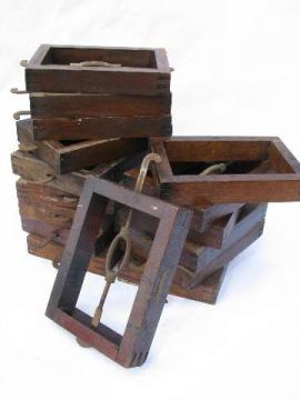 catalog photo of lot of antique vintage wood bed rail brackets for bedstead shop display