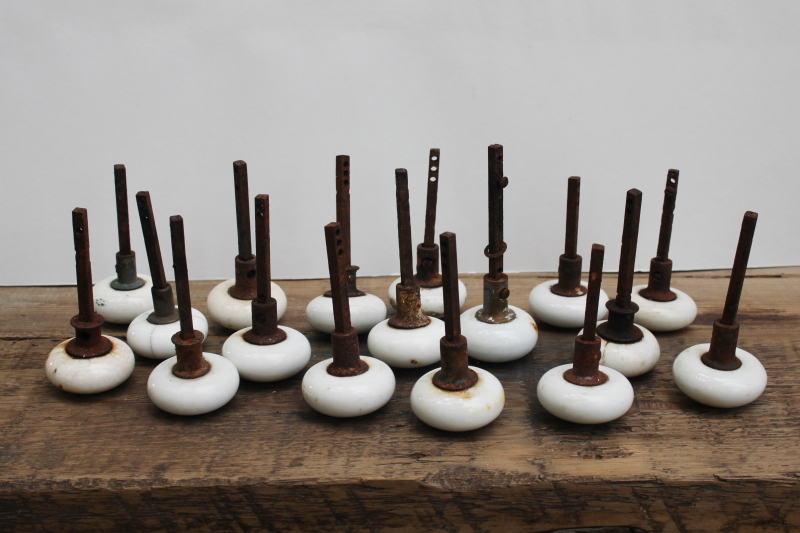 photo of lot of antique white porcelain doorknobs w/ rusty hardware shabby worn vintage door knobs  #8