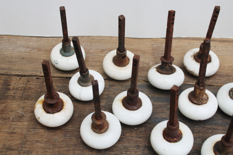 photo of lot of antique white porcelain doorknobs w/ rusty hardware shabby worn vintage door knobs  #9