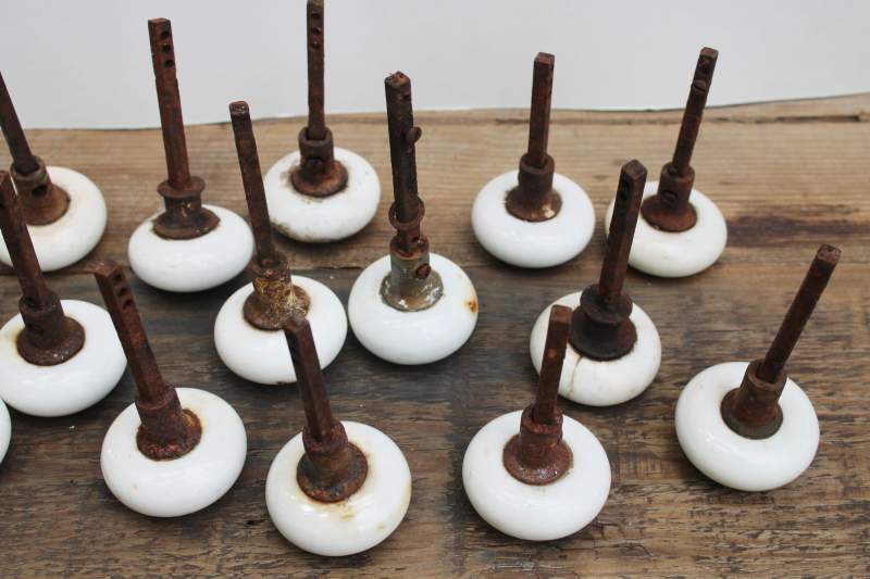 photo of lot of antique white porcelain doorknobs w/ rusty hardware shabby worn vintage door knobs  #10