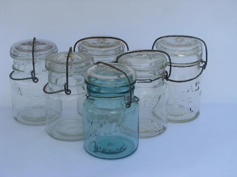 photo of lot of assorted antique 1 pint canning jars with glass & wire lids #1