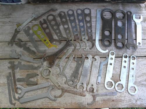 photo of lot of assorted old and vintage stamped wrenches, steampunk hardware #1