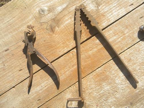 photo of lot of assorted primitive old tools saw setter, tubing clamp tool etc #4