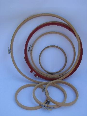 photo of lot of assorted round needlework frames, wood embroidery hoops #1