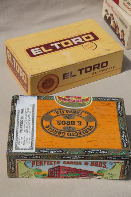 photo of lot of assorted vintage cigar boxes, cigar box collection w/ old tobacco advertising  #10