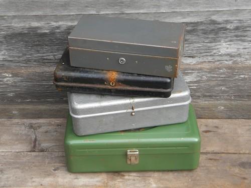 photo of lot of assorted vintage industrial steel tool and document storage boxes #1