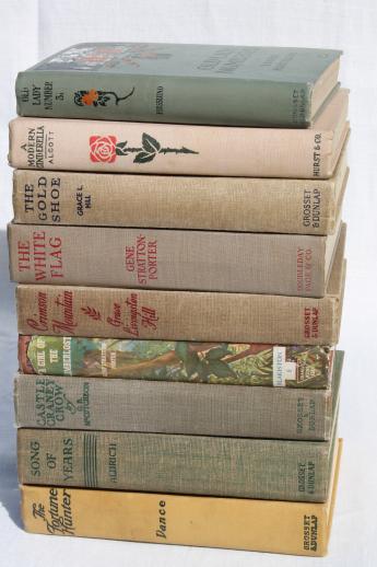 photo of lot of beautiful old books w/ colored cloth bindings, collection of vintage novels #1