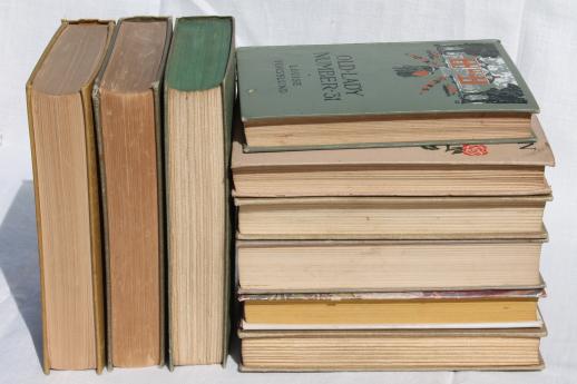 photo of lot of beautiful old books w/ colored cloth bindings, collection of vintage novels #8