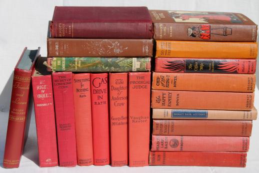 photo of lot of beautiful old books w/ colored cloth bindings, collection of vintage novels #1