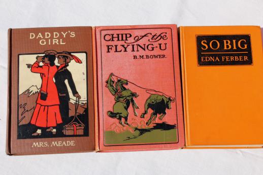 photo of lot of beautiful old books w/ colored cloth bindings, collection of vintage novels #2