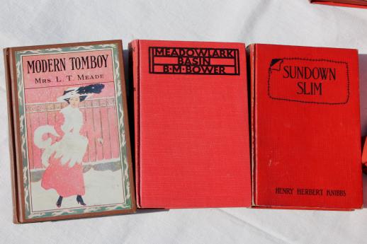 photo of lot of beautiful old books w/ colored cloth bindings, collection of vintage novels #4