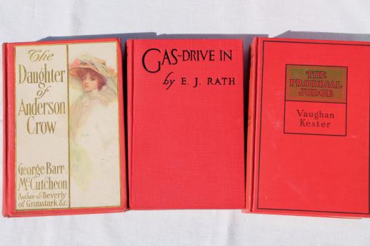 photo of lot of beautiful old books w/ colored cloth bindings, collection of vintage novels #5