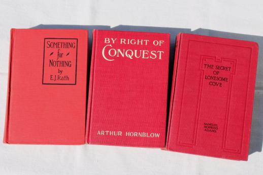 photo of lot of beautiful old books w/ colored cloth bindings, collection of vintage novels #6