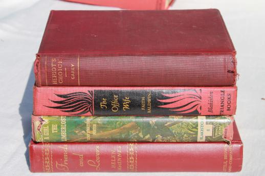 photo of lot of beautiful old books w/ colored cloth bindings, collection of vintage novels #7