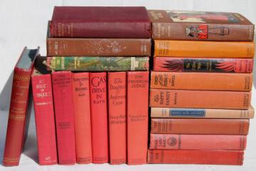 catalog photo of lot of beautiful old books w/ colored cloth bindings, collection of vintage novels