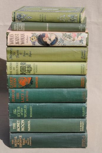 photo of lot of beautiful old books w/ colored cloth bindings, collection of vintage novels #1