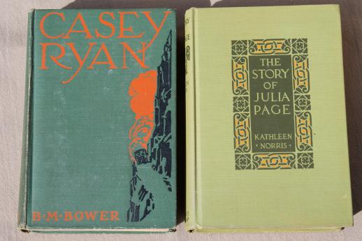 photo of lot of beautiful old books w/ colored cloth bindings, collection of vintage novels #5