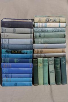 catalog photo of lot of beautiful old books w/ colored cloth bindings, collection of vintage novels