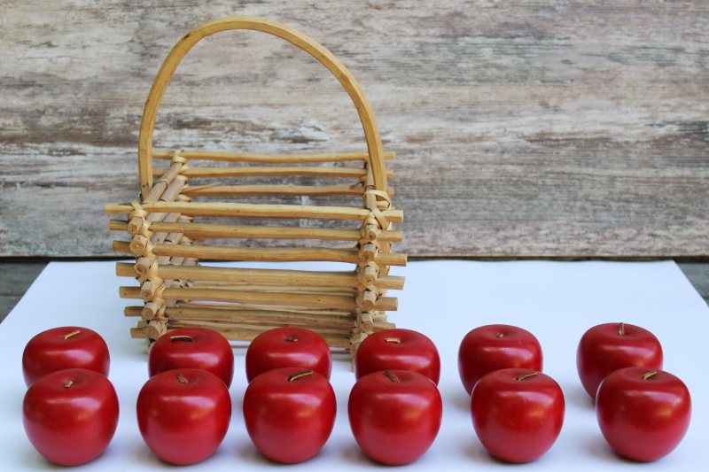 photo of lot of carved wooden apples life size faux fruit in rustic wood twig basket, vintage fall decor  #2