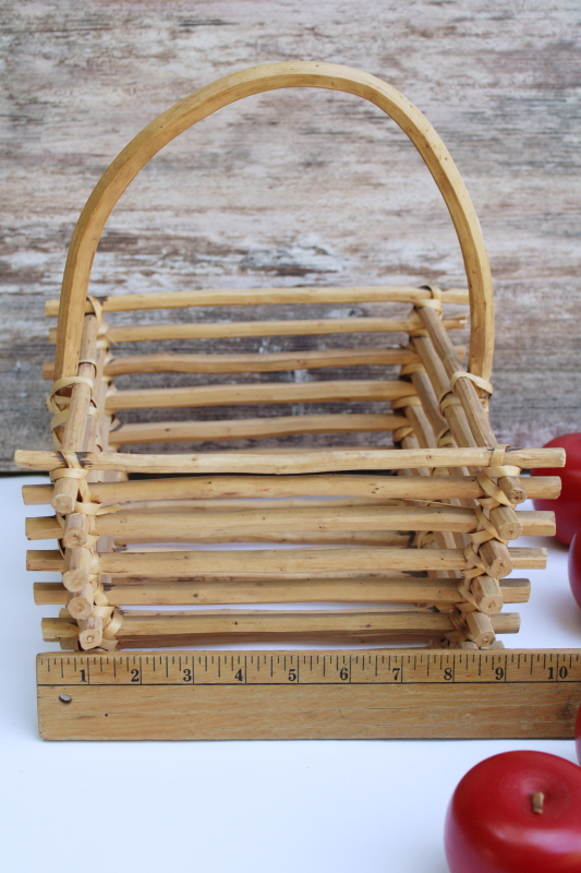 photo of lot of carved wooden apples life size faux fruit in rustic wood twig basket, vintage fall decor  #4