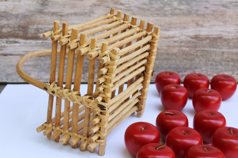 photo of lot of carved wooden apples life size faux fruit in rustic wood twig basket, vintage fall decor  #7
