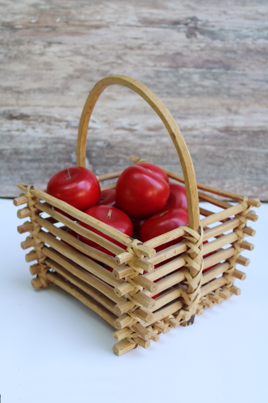 photo of lot of carved wooden apples life size faux fruit in rustic wood twig basket, vintage fall decor  #9