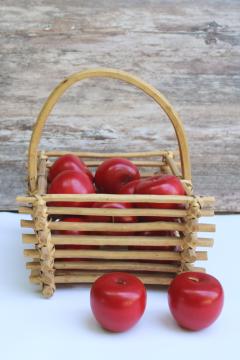 catalog photo of lot of carved wooden apples life size faux fruit in rustic wood twig basket, vintage fall decor 