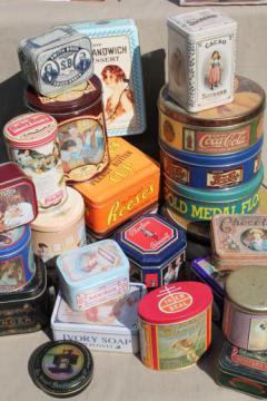 catalog photo of lot of collectible tins w/ old advertising graphics, huge collection of 80s 90s vintage tin