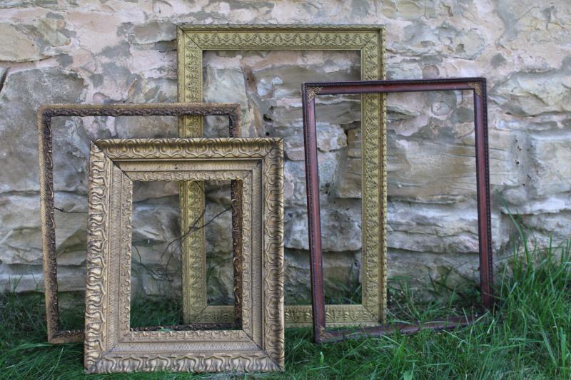 photo of lot of empty frames, antique vintage picture frames shabby ornate gold gesso & wood #1