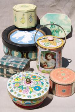 catalog photo of lot of fancy vintage tins - Kate Greenaway tin, tea tins, biscuit tins, sweets tins 