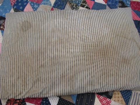 photo of lot of five primitive old feather pillows, vintage blue stripe ticking #3