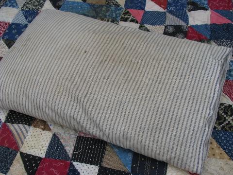 photo of lot of five primitive old feather pillows, vintage blue stripe ticking #4