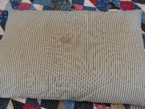 photo of lot of five primitive old feather pillows, vintage blue stripe ticking #5