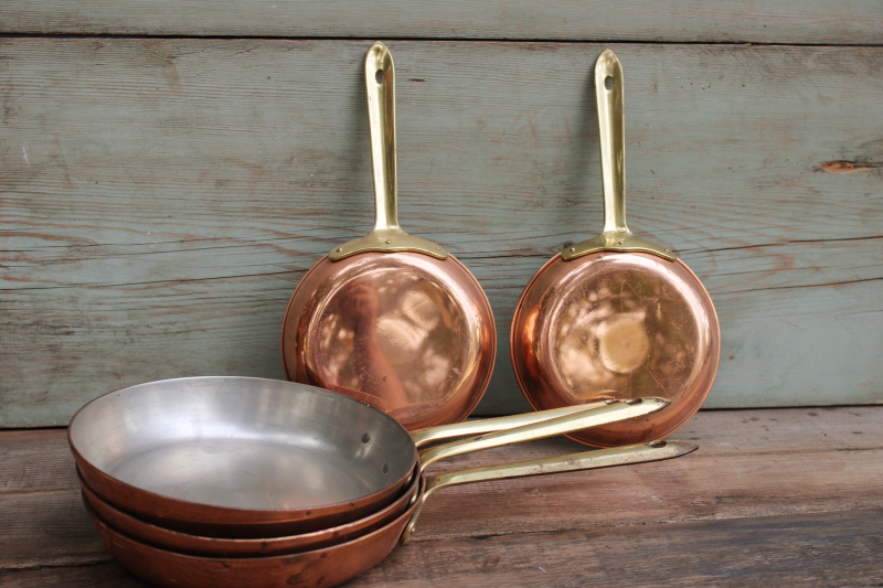 photo of lot of five vintage copper pans, small saute or saucepans w/ brass handles, french country kitchen style  #2