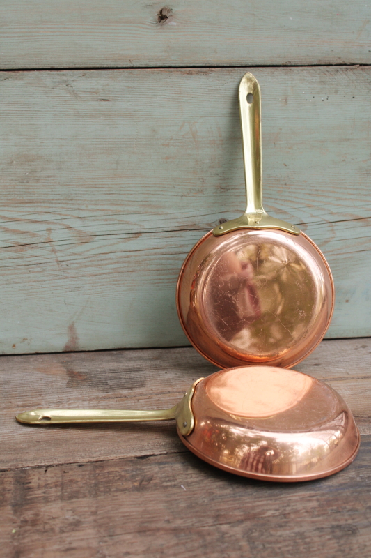 photo of lot of five vintage copper pans, small saute or saucepans w/ brass handles, french country kitchen style  #3