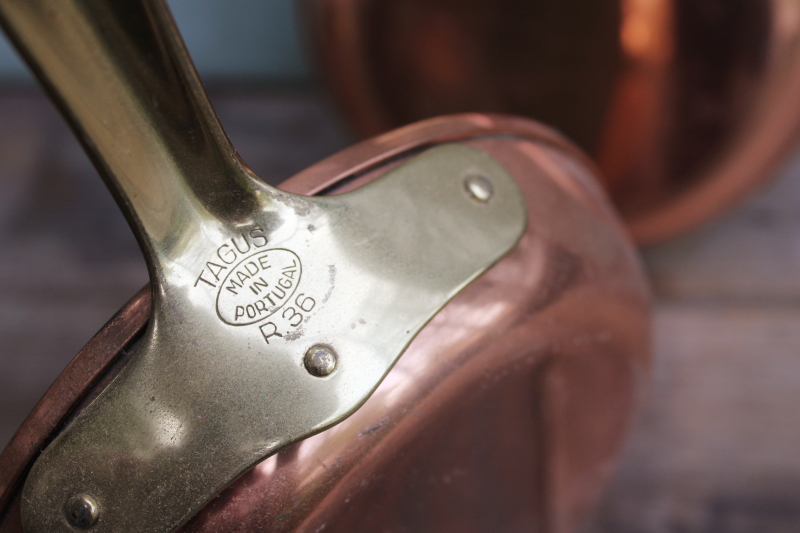 photo of lot of five vintage copper pans, small saute or saucepans w/ brass handles, french country kitchen style  #4
