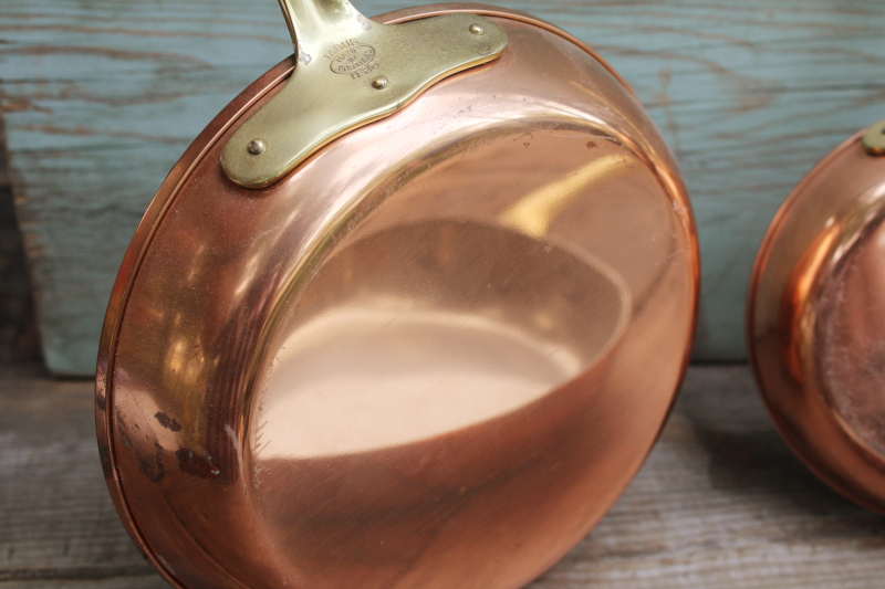 photo of lot of five vintage copper pans, small saute or saucepans w/ brass handles, french country kitchen style  #7