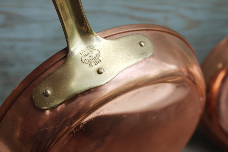 photo of lot of five vintage copper pans, small saute or saucepans w/ brass handles, french country kitchen style  #8