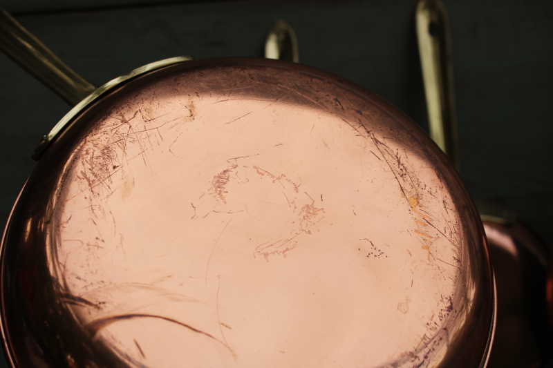 photo of lot of five vintage copper pans, small saute or saucepans w/ brass handles, french country kitchen style  #9
