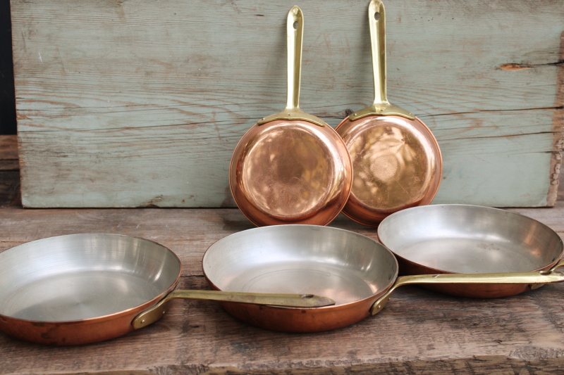 photo of lot of five vintage copper pans, small saute or saucepans w/ brass handles, french country kitchen style  #11
