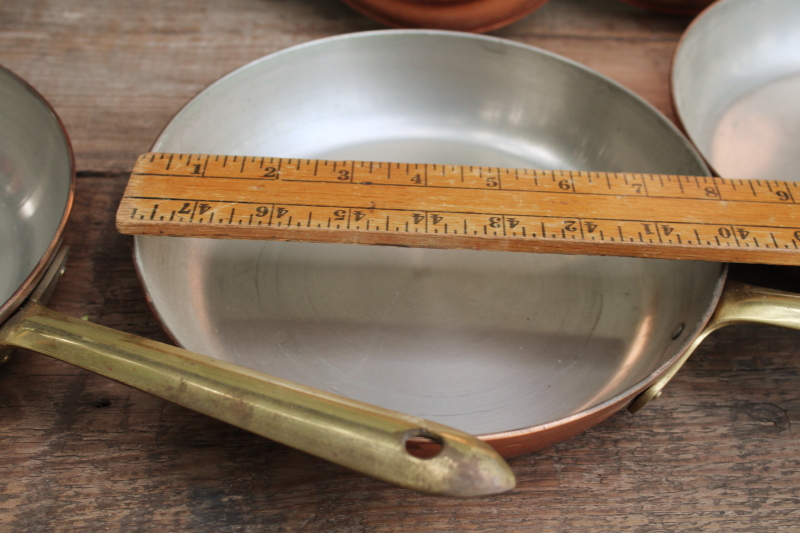 photo of lot of five vintage copper pans, small saute or saucepans w/ brass handles, french country kitchen style  #12