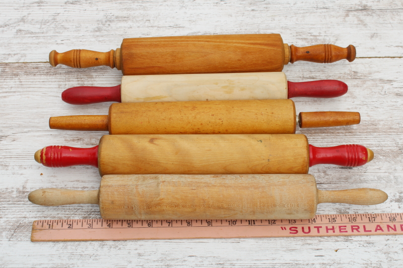 photo of lot of five vintage rolling pins, plain wood french farmhouse style, old red painted handles  #1