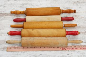 catalog photo of lot of five vintage rolling pins, plain wood french farmhouse style, old red painted handles 