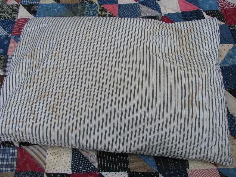 photo of lot of four primitive old feather pillows, vintage wide stripe ticking #2