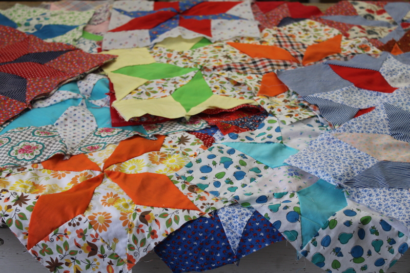 photo of lot of hand stitched quilt blocks star flower patchwork, 60s 70s vintage fabrics prints & colors #1
