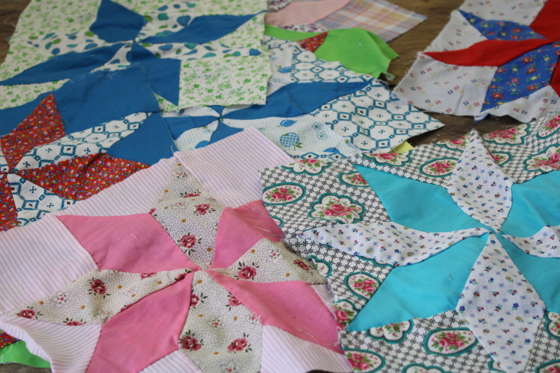 photo of lot of hand stitched quilt blocks star flower patchwork, 60s 70s vintage fabrics prints & colors #2