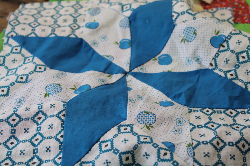 photo of lot of hand stitched quilt blocks star flower patchwork, 60s 70s vintage fabrics prints & colors #3