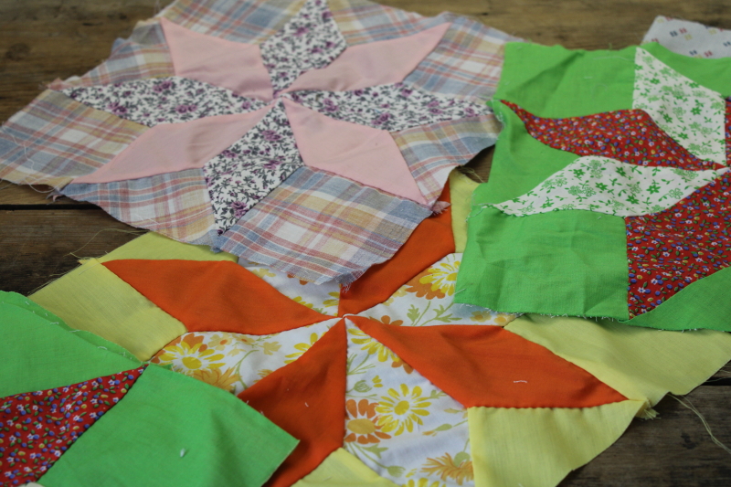 photo of lot of hand stitched quilt blocks star flower patchwork, 60s 70s vintage fabrics prints & colors #4