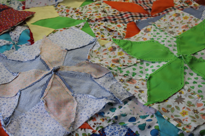 photo of lot of hand stitched quilt blocks star flower patchwork, 60s 70s vintage fabrics prints & colors #5